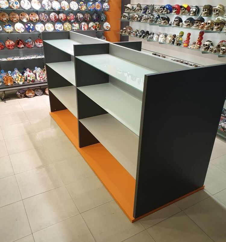 mostrador baldas cristal gris y naranja